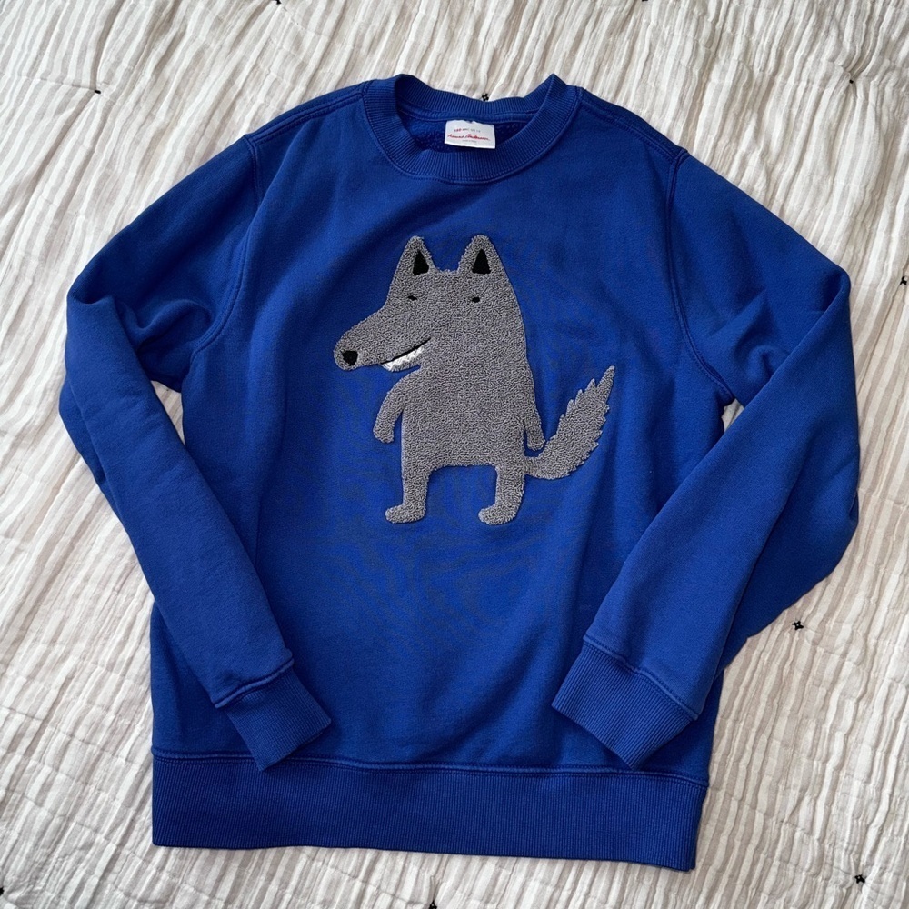 Hanna Andersson Boys Royal Blue Crewneck Wolf Appliqué Casual Sweatshirt 12